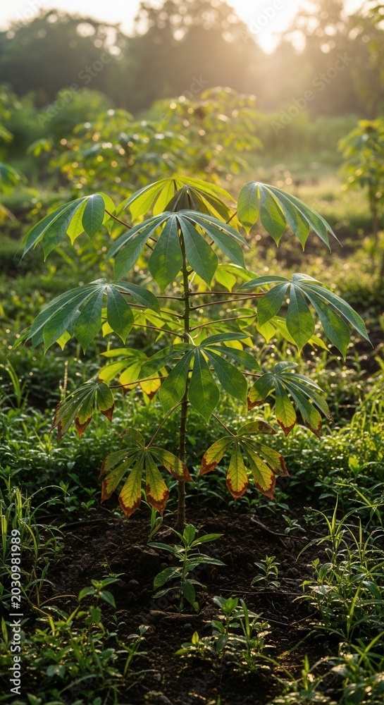 Fototapeta premium Young Cassava Plants Growing Under Golden Sunlight