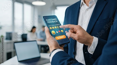 Customer feedback survey on smartphone screen with emojis and rating options.