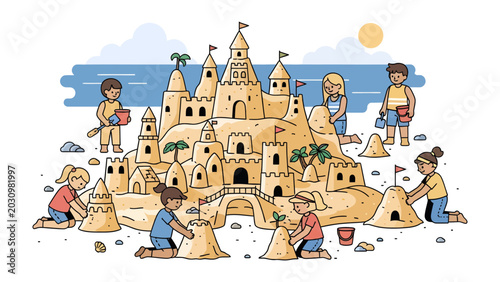 Children Building a Grand Sandcastle: Young children joyfully construct an elaborate sandcastle on a beach, with the ocean and sunny sky in the background. A fun summer day activity.