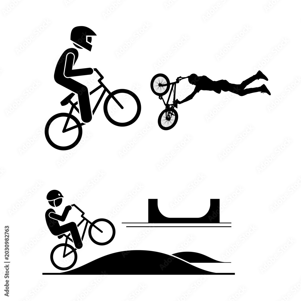 Obraz premium Extreme sports graphics depicting BMX riders jumping, doing flips, and skating on a halfpipe ramp.