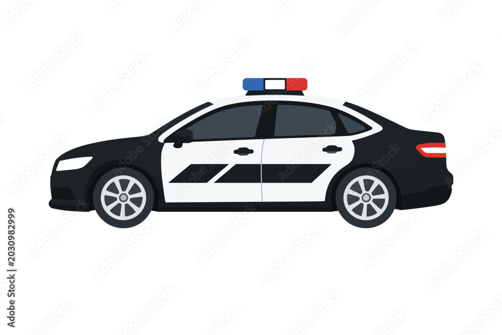 Fototapeta premium Police car vector illustration. Cop cruiser sedan side view flat design element.