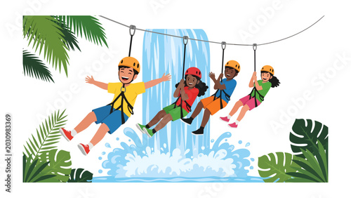 Фотография Zip-lining Adventure with a View: Children experience the thrill of zip-lining through a tropical landscape