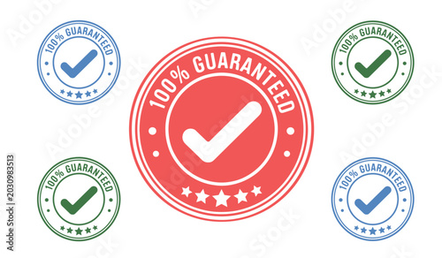 Vector Set of 100 Percent Guaranteed Quality Seal Stickers with Checkmark