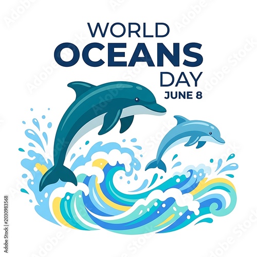 Vibrant World Oceans Day banner featuring stylized jumping dolphins and swirling blue waves on a white background.