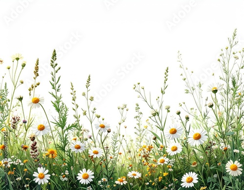 Field of wildflowers, yellow and white blossoms with green grass