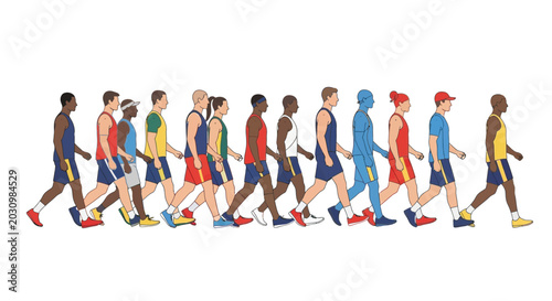 Foto Diverse group of people walking in a line, representing unity and movement