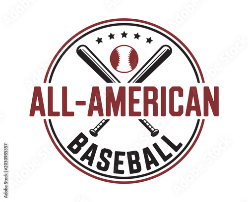 Vector All American Baseball Round Badge with Crossed Bats and Stars
