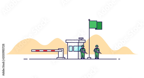 Photos Military checkpoint with guards and barrier gate, border control, security