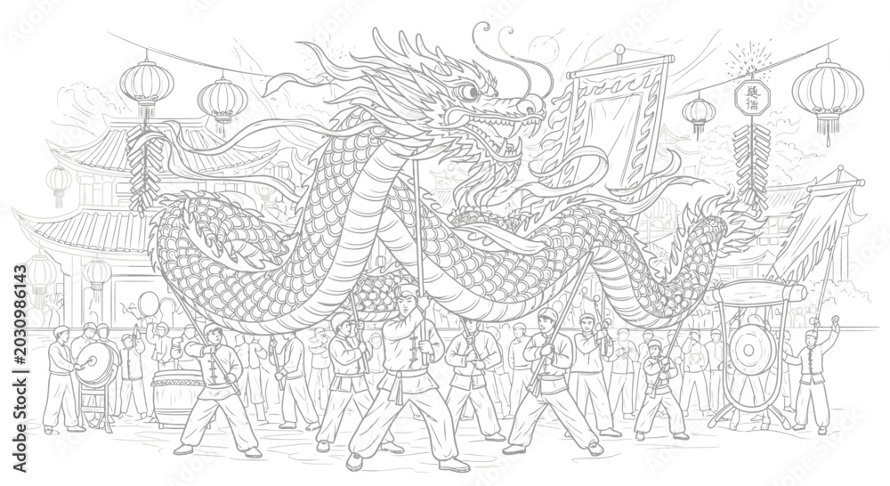 Obraz premium Chinese Dragon Dance Performance Coloring Page