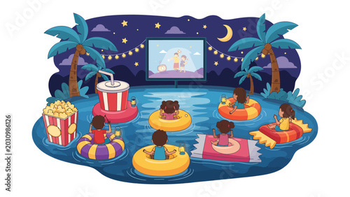 Outdoor Cinema by the Pool: Children float on inflatable rings, watching a movie under the starry night sky, surrounded by palm trees and festive string lights.