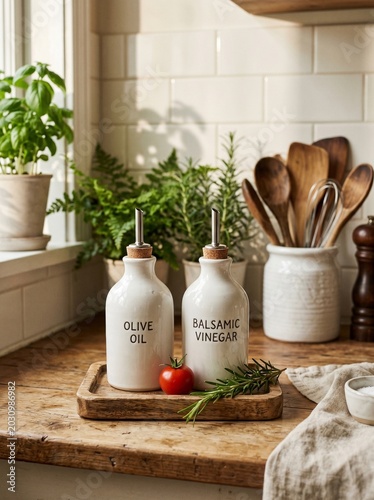 Kitchen counter with olive oil and balsamic vinegar bottles