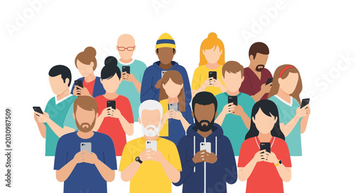 Slika na platnu Diverse group of people engrossed in their smartphones, ignoring surroundings