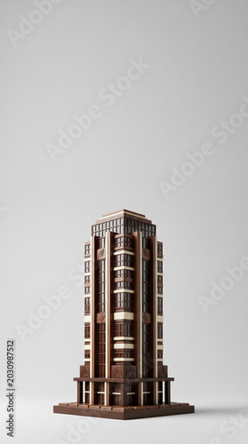 A modern skyscraper architectural model made of chocolate, illustrating chocolate-inspired architecture