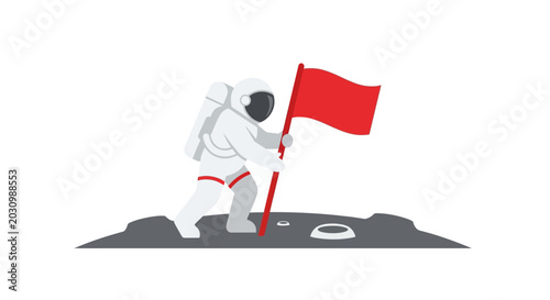 Astronaut Planting a Red Flag on the Moon Surface Vector Illustration