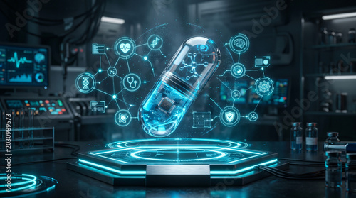 A glowing test tube floats above a futuristic laboratory platform