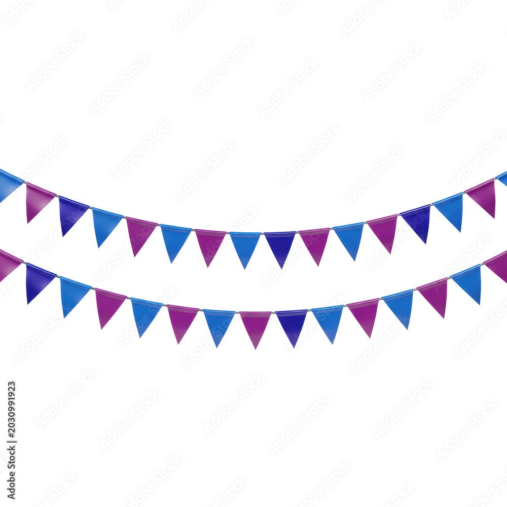 Obraz premium Vibrant triangular bunting flags in electric blue and deep violet satin arranged in elegant rhythmic draped rows against a transparent studio background festive atmosphere