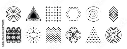 Collection of black minimalist geometric shapes and abstract design elements including circles, triangles, lines, dots, and a maze, representing modern graphic symbols and patterns