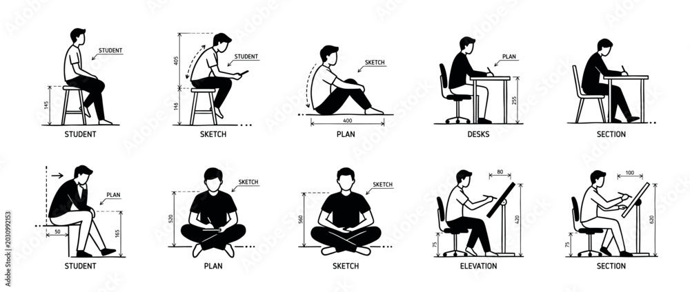 Obraz premium Collection of architectural human scale figures in various sitting poses for technical drawings, showing people at desks and on the floor with dimensions