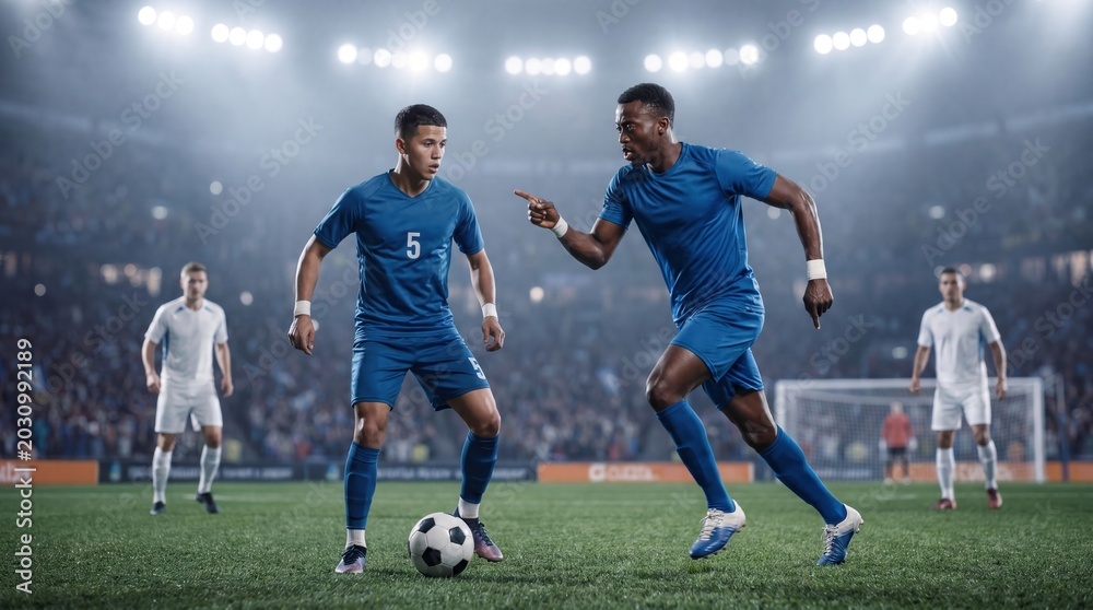 Naklejka premium Soccer teammates coordinating attack during stadium match with defenders