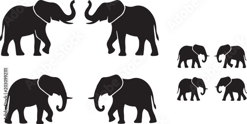 Canvas Print Elephant silhouette collection with walking elephants and wildlife animal vecto