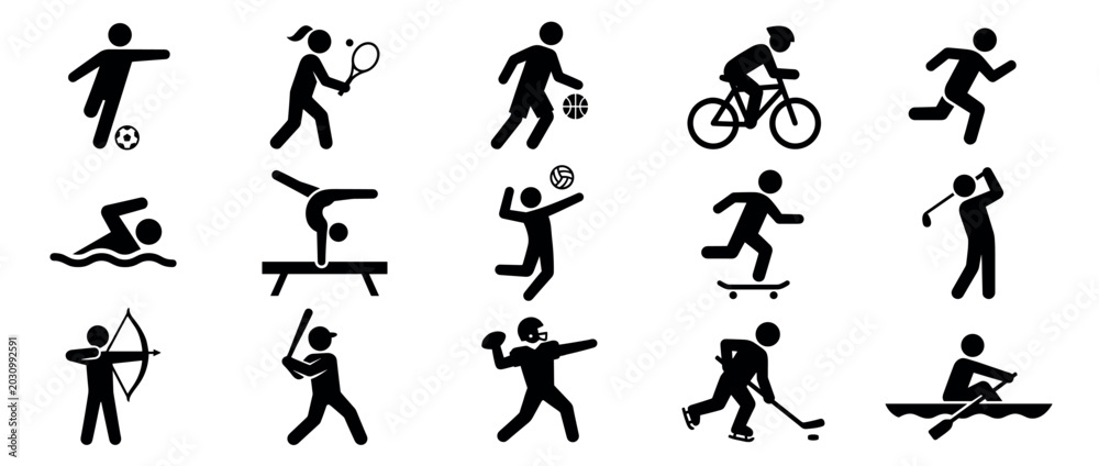 Fototapeta premium Collection of black sport activity icons showing various athletic disciplines like soccer, swimming, cycling, and tennis, presented as a set of simple, minimalist pictograms