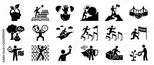 Diverse set of black glyph icons representing business metaphors like personal growth, overcoming obstacles, achieving goals, leadership, partnership, and strategic thinking for success