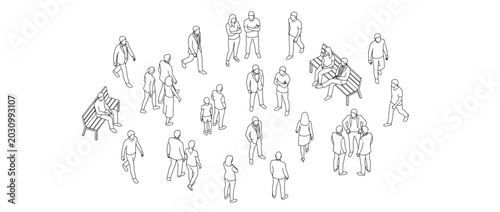 Diverse collection of minimalist isometric line art people walking, standing, talking, and sitting on benches, depicting an anonymous urban crowd