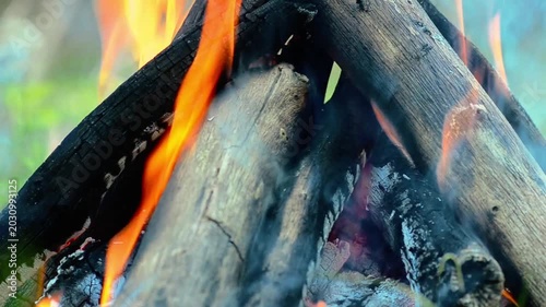 Detailed macro shot of thick smoke rising from charred wood logs in campfire, close up of burning bonfire with hot orange flames and glowing embers outdoors, cinematic textures for calming ASMR video