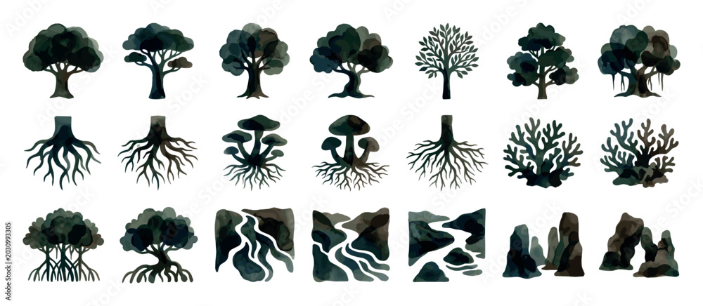 Obraz premium Diverse set of dark green nature silhouettes with a watercolor texture, featuring various trees, complex root systems, mushrooms, coral, rocks, and abstract river maps