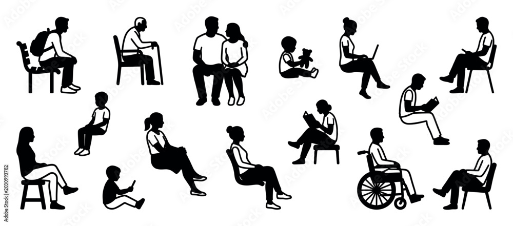 Obraz premium Diverse set of black silhouettes showing people of different ages sitting in various poses and activities, including reading, working, and waiting in a minimalist graphic style