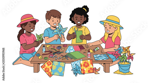 Crafty Kids Summer Fun: Four diverse children happily engaged in a colorful arts and crafts activity, creating decorative pinwheels at a table laden with colorful supplies.