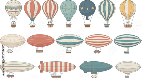 Tableau sur toile Vintage, hot air balloon and steampunk airship vector set featuring retro aviation transport illustrations in detailed style ideal for travel branding, posters, and fantasy adventure design projects