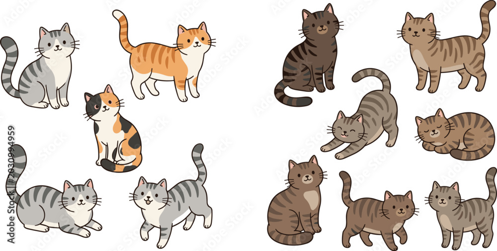 Fototapeta premium Cute Cartoon Cat Sticker and Character Set featuring Tabby Calico and Ginger Kittens in Various Poses for Kids Patterns, Greeting Cards, and Web Graphic Designs