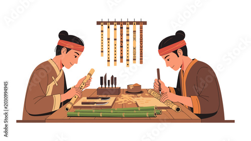 Konstfotografi Artisanal Craftsmanship: Two individuals engrossed in the meticulous creation of traditional bamboo flutes, showcasing heritage skills and dedication to artisanal craft