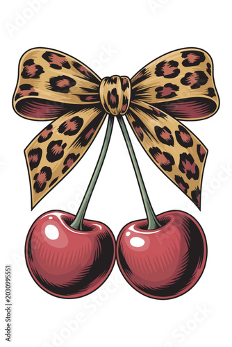 Cherries with bow leopard print ribbon vector illustration.