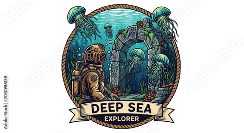 Deep sea explorer illustration with diver and underwater scene