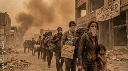 Apocalyptic Exodus: Survivors wearing masks navigate through a devastated, dust-choked city, carrying their belongings and a sign pleading Climate Migrants.