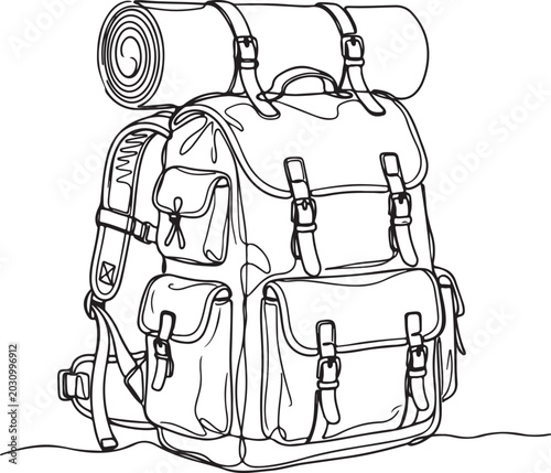 Foto Line art illustration of a hiking backpack with a rolled sleeping mat on top, pe