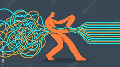 Abstract flat vector illustration of a character untangling messy wires into straight lines representing problem solving and simplifying complexity