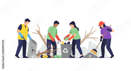 Photos Community volunteers cleaning up litter and debris, environmental protection