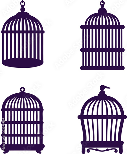 Obraz na plátně Collection of four different birdcage silhouettes on white background  various s