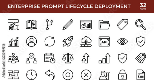 Modern enterprise prompt lifecycle deployment icon set with outline style for workflow automation and management interfaces
