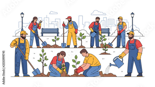 Foto Urban Greening Project: A group of diverse people are actively planting saplings in an urban park, showcasing community involvement and environmental stewardship with city buildings in the background