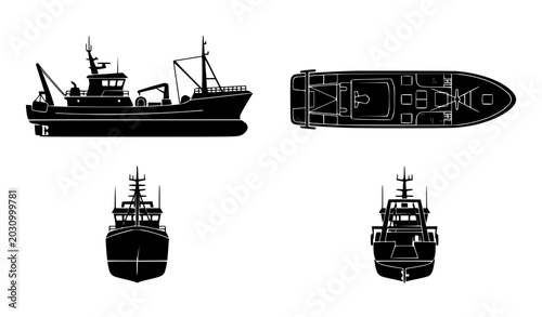 Quadro su tela Fishing Ship Silhouette Icon Set with Side Front Back and Top Views Isolated Vec