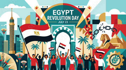 Egypt revolution day july 23 celebration with people holding flags and protesting