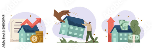 Billede på lærred Real estate market growth and decline illustration with investment property buil