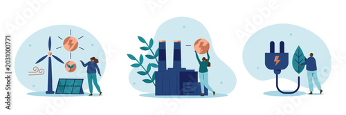 Cuadro en lienzo Renewable energy sources and industry illustration with wind turbine solar panel