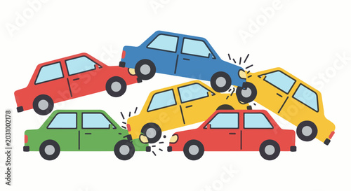 A pile-up of colorful cartoon cars in a chaotic traffic jam