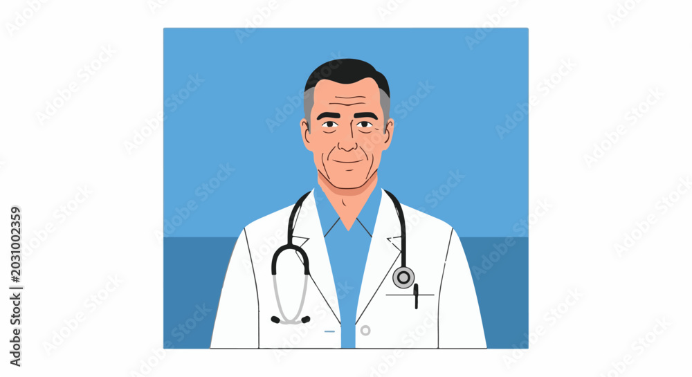Fototapeta premium A portrait of a smiling male doctor wearing a white lab coat and stethoscope