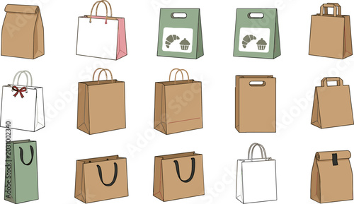 Canvastavla Collection of paper shopping bag vector illustrations featuring eco friendly ret
